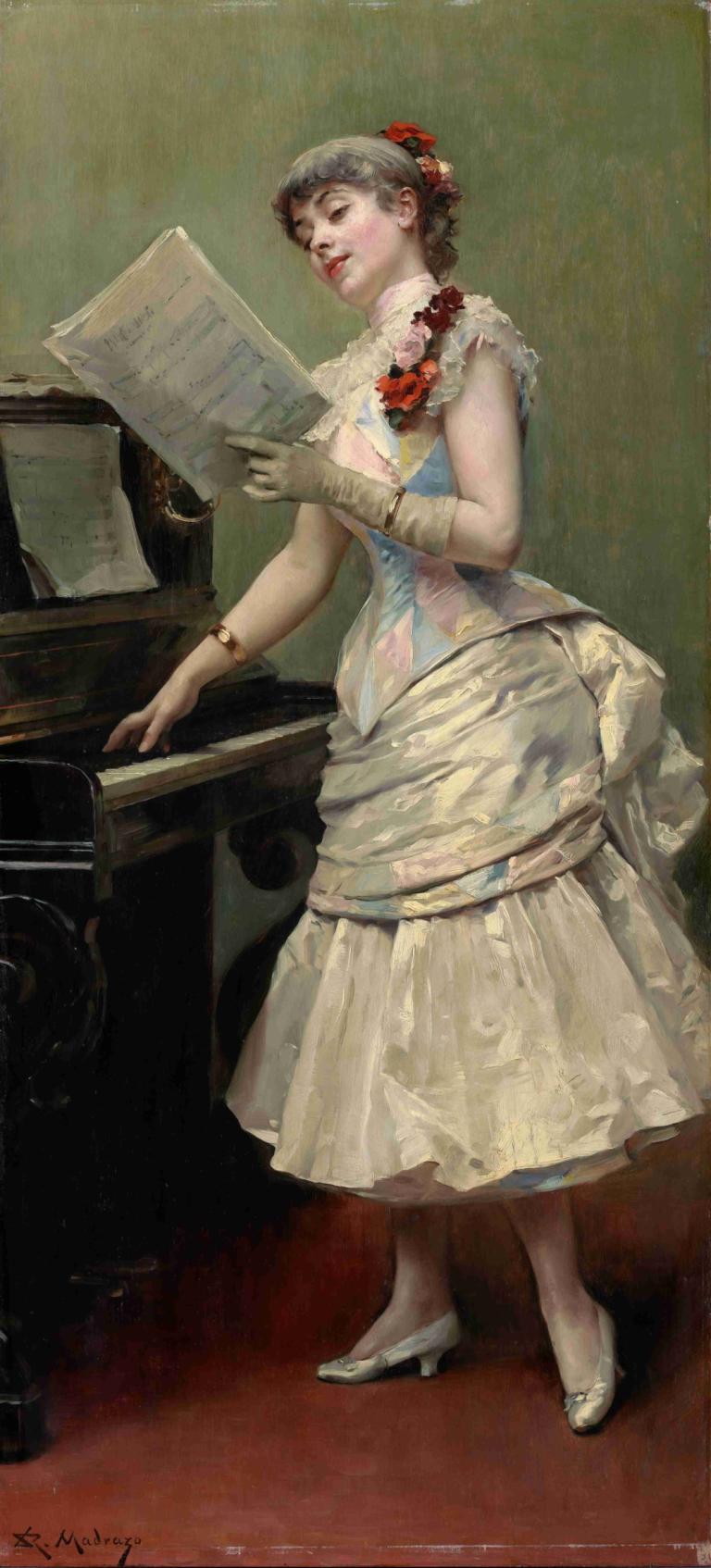 The Singer,Die Sängerin,Raimundo de Madrazo y Garreta,Ölgemälde,Ölgemälde, 1Mädchen, Solo, Kleid, Handschuhe