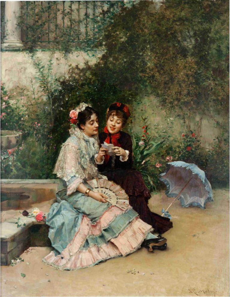 The letter,Das Schreiben,Raimundo de Madrazo y Garreta,Ölgemälde,Ölgemälde, mehrere Mädchen, 2 Mädchen, Kleid