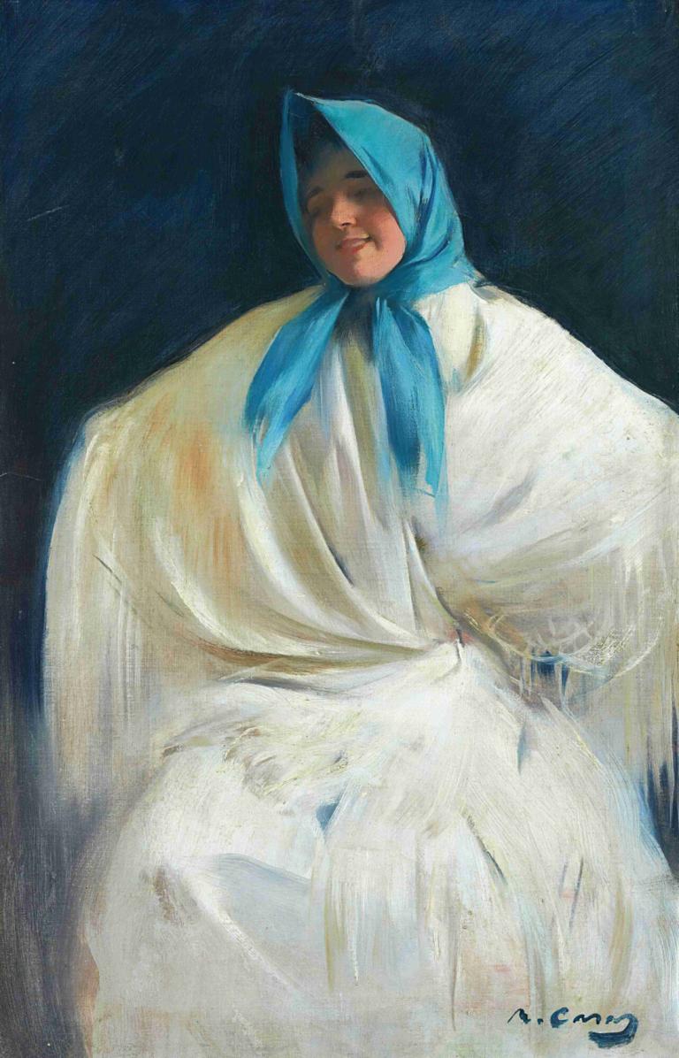 Chula con Pañuelo Azul [girl with a blue scarf],출라 콘 파뉴엘로 아줄 [파란 스카프를 두른 소녀],Ramón Casas,라몬 카사스,오일 페인팅,오일 페인팅