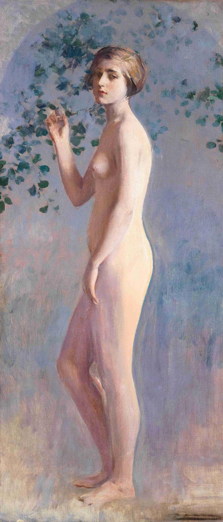 Desnudo,Ramón Casas,Oil Painting,Oil Painting, 1girl, solo, nude, breasts, short hair, brown hair, realistic