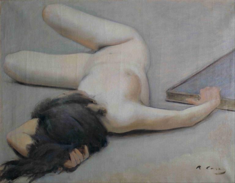 Female Nude,Ramón Casas,Oil Painting,Oil Painting, 1girl, solo, nude, black hair, lying, traditional media