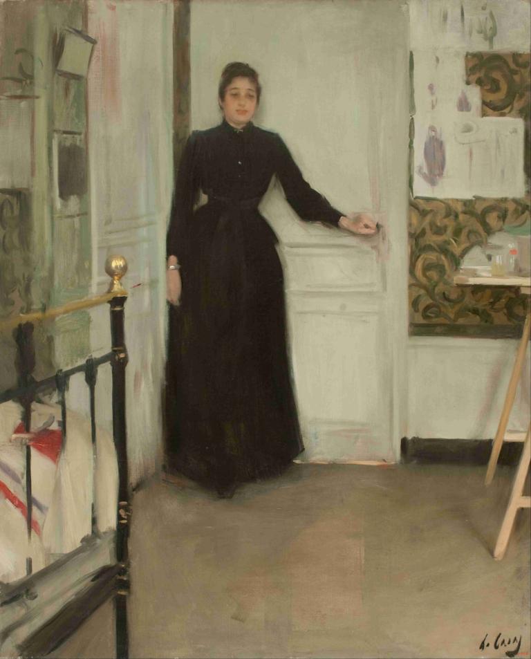 Interior,Ramón Casas,Oil Painting,Oil Painting, 1girl, solo, dress, black dress, black hair, standing