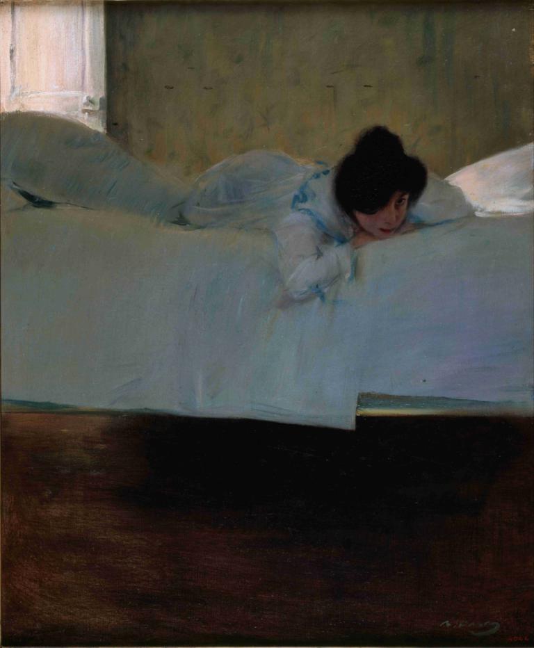 Laziness,Ramón Casas,Oil Painting,Oil Painting, 1girl, black hair, solo, on stomach, indoors, lying