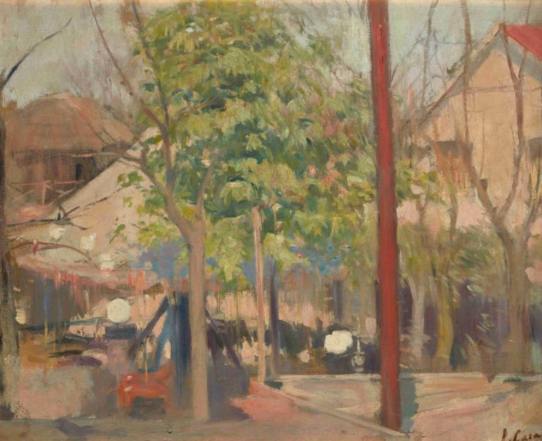 Moulin De La Galette,Ramón Casas,Oil Painting,Oil Painting, tree, outdoors, motor vehicle, ground vehicle