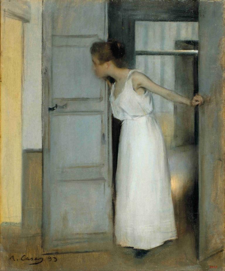 Over My Dead Body,Ramón Casas,Oil Painting,Oil Painting, 1girl, solo, dress, white dress, traditional media