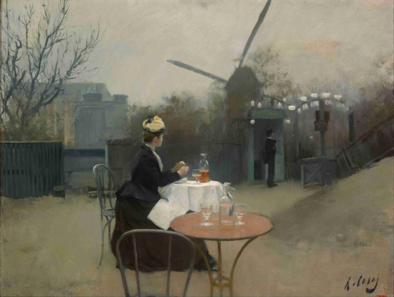 Plein Air,Ramón Casas,Ramon Casas,Illustratie,Illustratie, tafel, boom, stoel, 1meisje, beker, buitenshuis