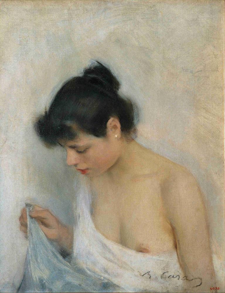 Study,Studie,Ramón Casas,Ramon Casas,Oljemålning,Oljemålning, 1 tjej, solo, bröstvårtor, svart hår