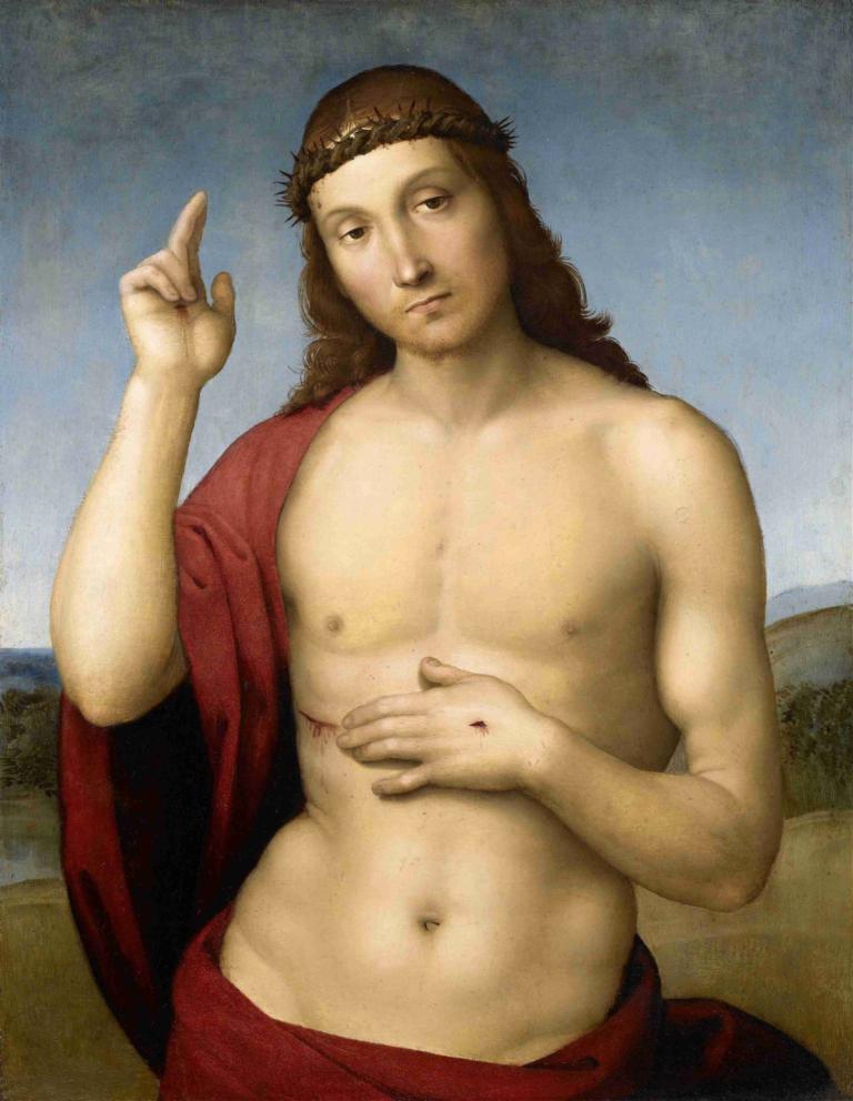 Christ Blessing (Pax Vobiscum),Raphael,Oil Painting,Oil Painting, fine art parody, male focus, solo, 1boy