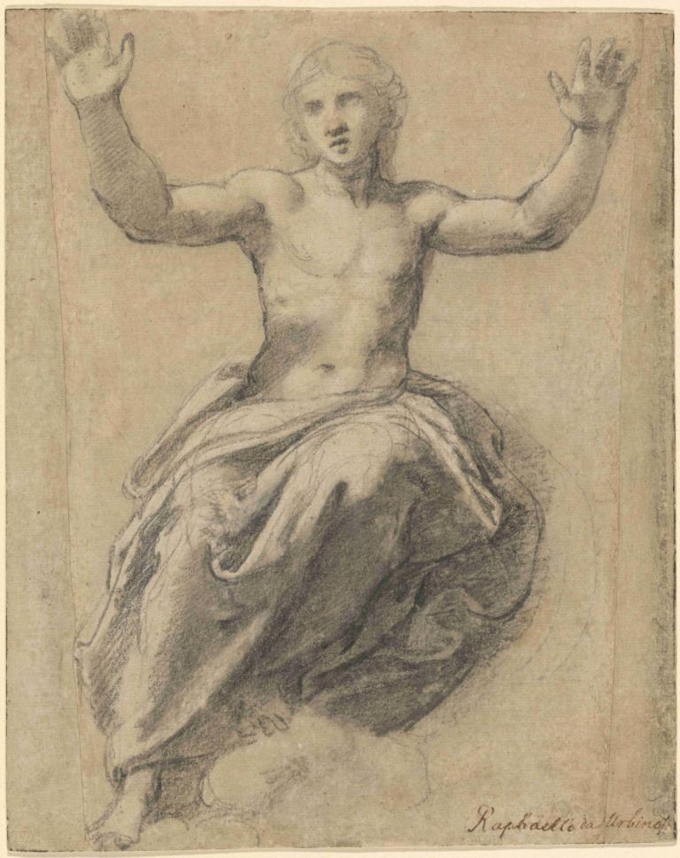 Christ in Glory,Raphael,Sketch,Sketch, solo, male focus, 1boy, monochrome, barefoot, topless male