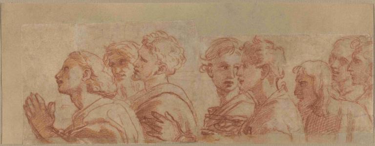 Eight Apostles,Raphael,Sketch,Sketch, multiple boys, monochrome, sepia, facial hair, upper body, profile