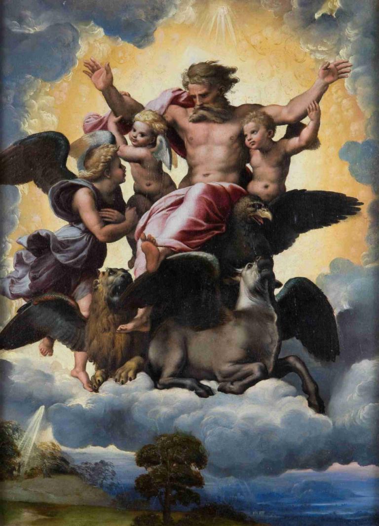 Ezekiel’s Vision,Hesekiels vision,Raphael,Oljemålning,Oljemålning, konstparodi, flera pojkar, fågel, moln