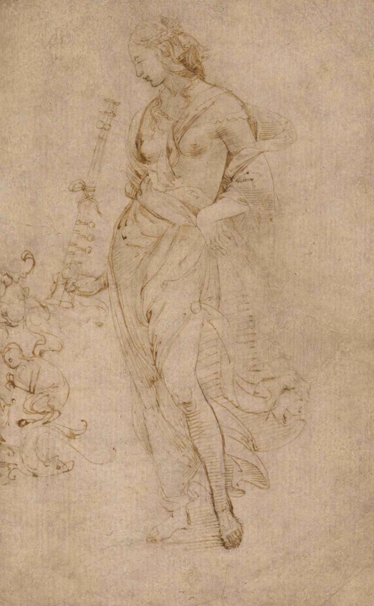 Female Figure with a Tibia, and Ornamental Studies,Raphael,Sketch,Sketch, solo, monochrome, sketch, barefoot