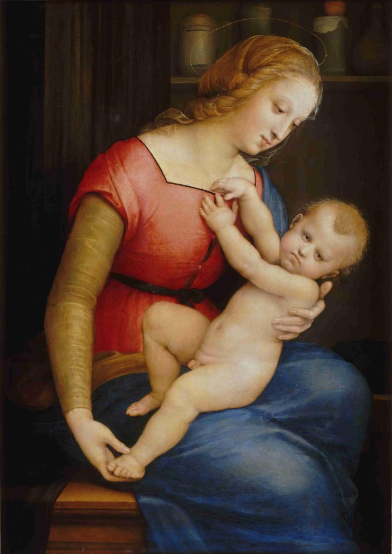 La Madone De La Maison D'orléans,Raphael,Oil Painting,Oil Painting, fine art parody, 1girl, baby, 1boy, nude