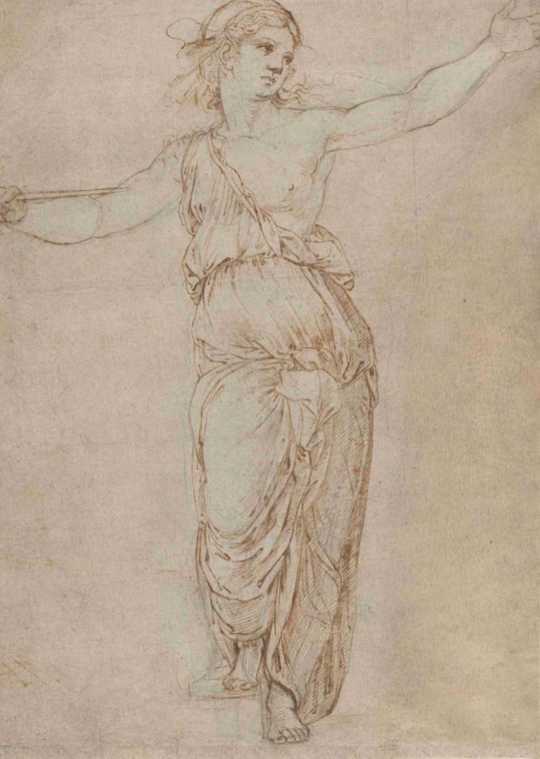 Lucretia,Raphael,Sketch,Sketch, solo, barefoot, monochrome, sketch, 1girl, outstretched arms, sepia