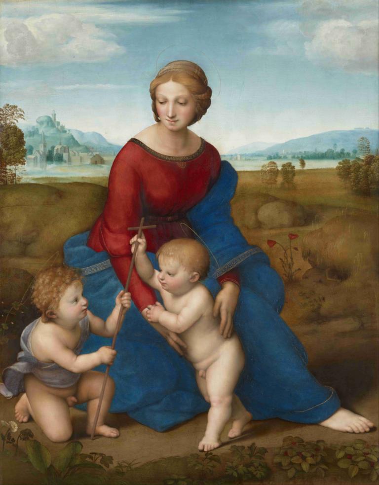 Madonna In The Meadow,Madonna på Engen,Raphael,Oliemaleri,Oliemaleri, kunstparodi, 1 pige, udendørs, barfodet