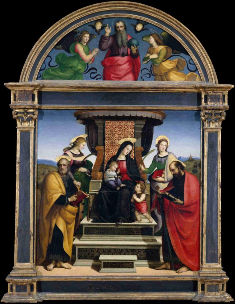 Madonna and Child Enthroned with Saints,성인들과 함께 즉위하는 마돈나와 아이,Raphael,오일 페인팅,오일 페인팅, 미술 패러디, 여러 여자, 여러 소년, 드레스