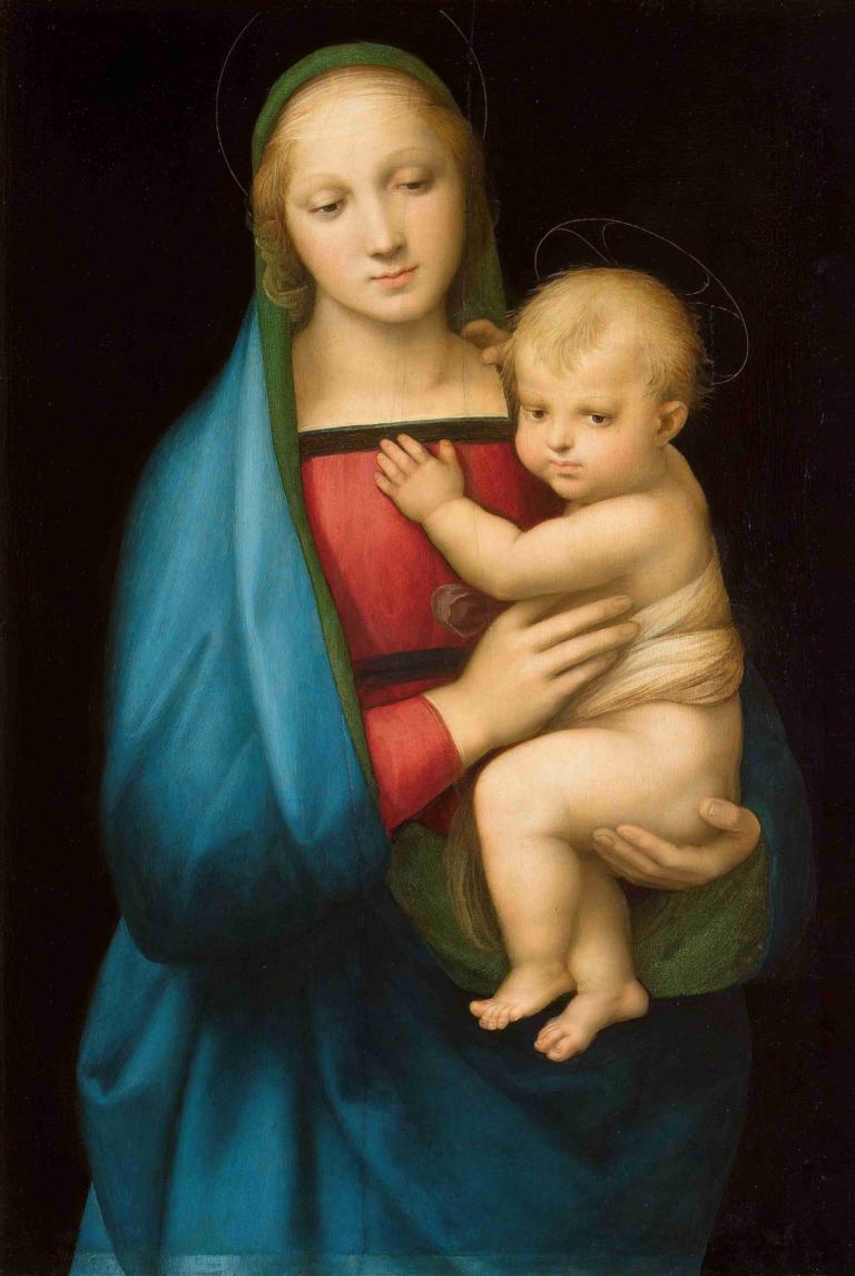 Madonna del Granduca,Raphael,Oil Painting,Oil Painting, fine art parody, baby, blonde hair, realistic, halo