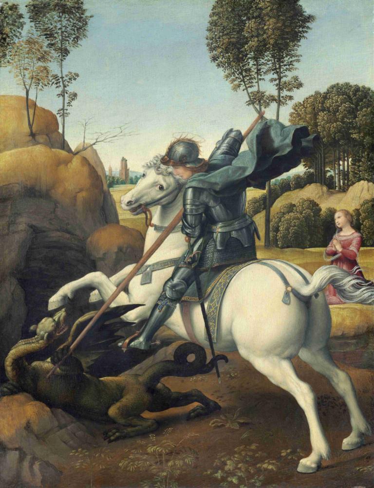 Saint George and the Dragon,Raphael,Oil Painting,Oil Painting, 1girl, horse, weapon, tree, armor, 1boy