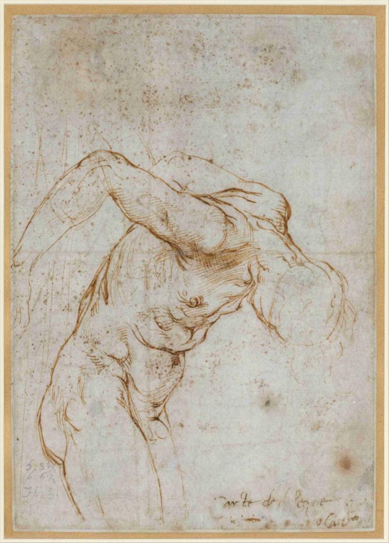 Study of a Nude Male Figure,裸体男性人物研究,Raphael,拉斐尔,素描,素描, 独奏, 男性焦点, 1男孩, 单色, 裸体, 过时的, 肌肉发达的, 草图, 传统媒体, 阴茎