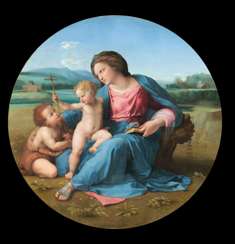 The Alba Madonna,阿尔巴圣母,Raphael,拉斐尔,油画,油画, 美术模仿, 1个女孩, 多个男孩, 金头发, 戏仿, 裸体, 户外, 坐着, 实际的, 天, 书, 棕色的头发, 2个男孩, 山