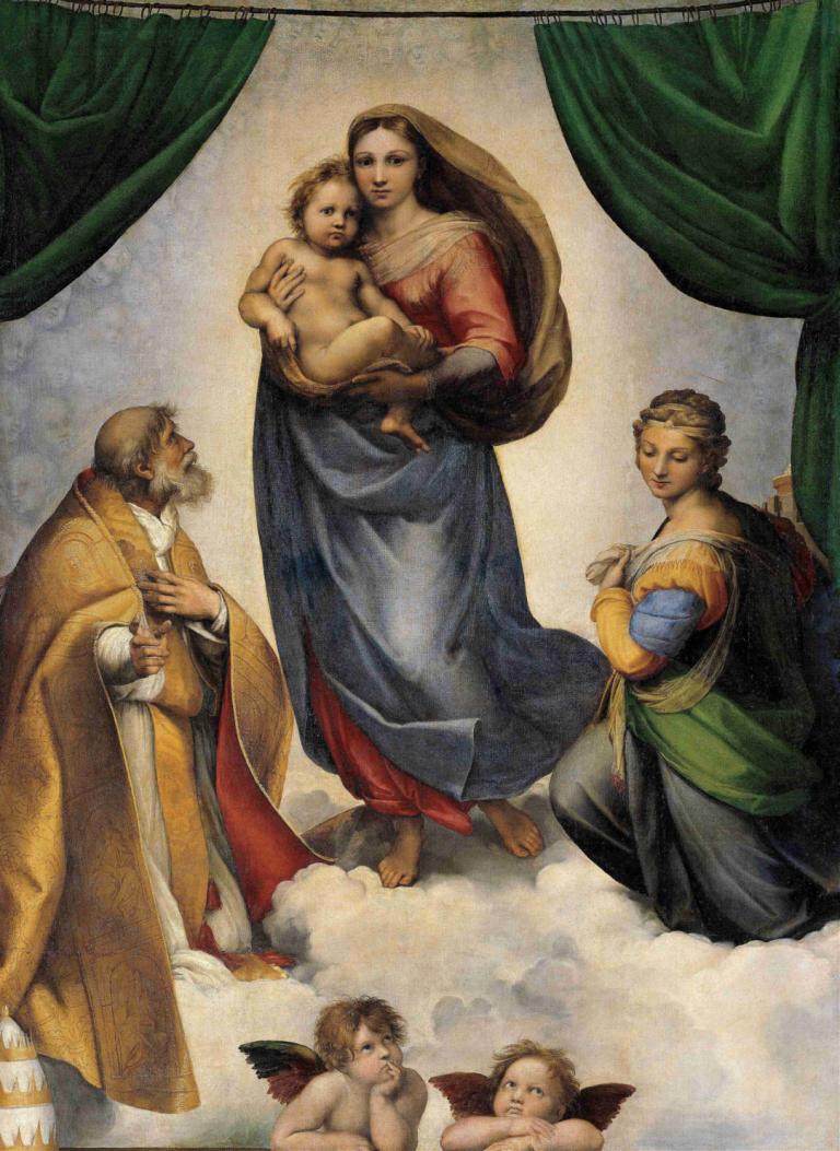 The Sistine Madonna,西斯廷圣母像,Raphael,拉斐尔,油画,油画, 美术模仿, 多个男孩, 婴儿, 戏仿, 实际的, 胡子, 1个女孩, 胡须, 翅膀, 棕色的头发, 赤脚, 岬, 长发