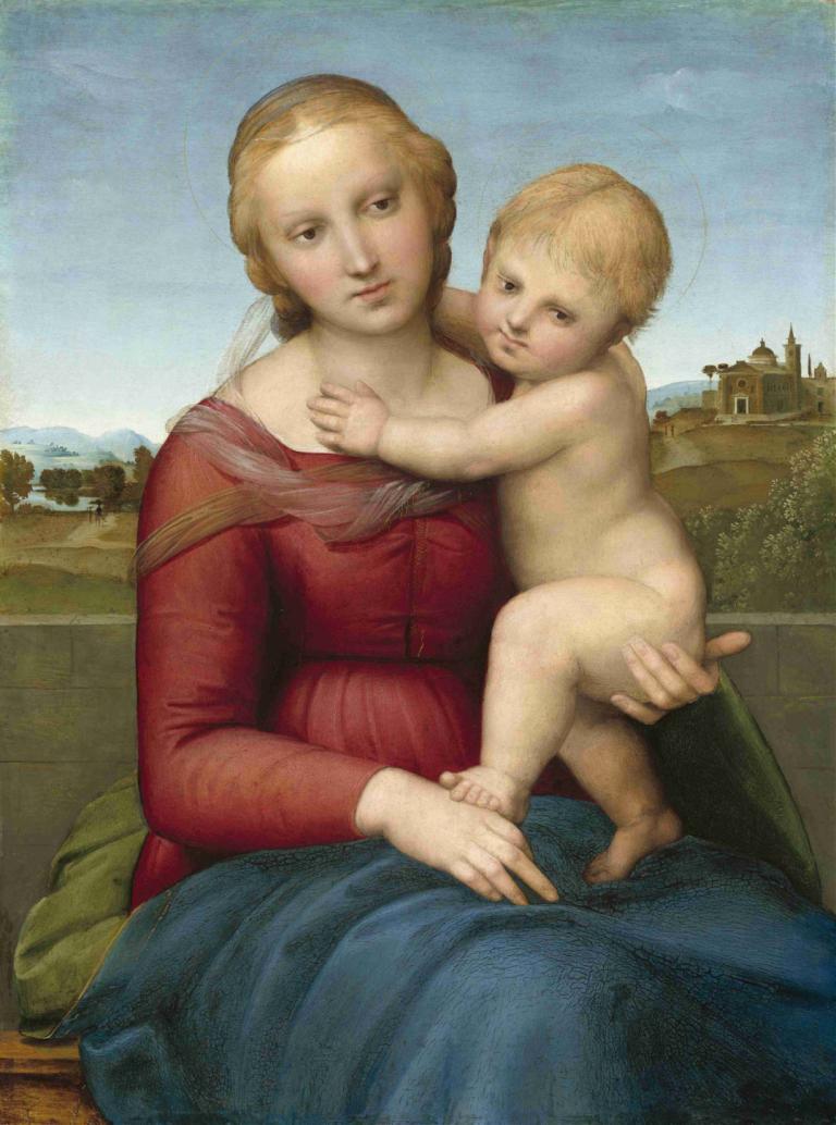 The Small Cowper Madonna,小考伯圣母像,Raphael,拉斐尔,油画,油画, 美术模仿, 婴儿, 金头发, 实际的, 裙子, 1个女孩, 坐着, 户外, 假传统媒体, 看着观众, 戏仿, 天空