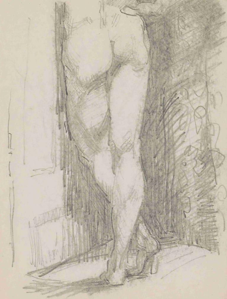 Achterzijde van een staande naakte vrouw,Reijer Stolk,Sketch,Sketch, monochrome, sketch, solo, nude, 1girl