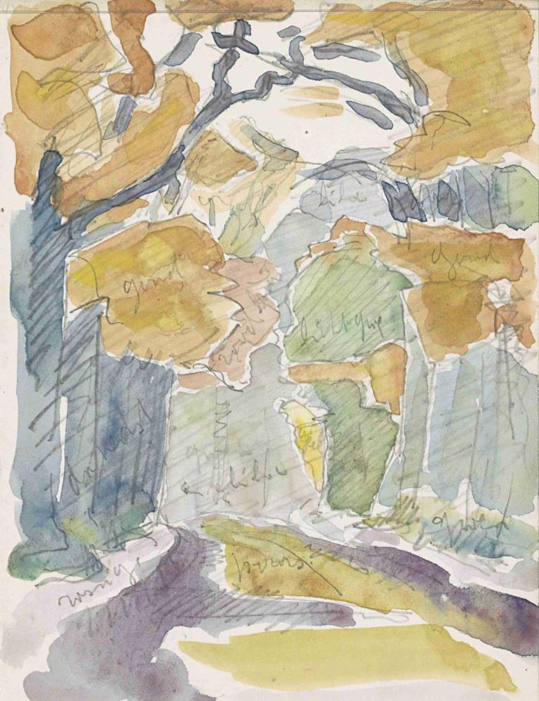 Bospad in de herfst,Reijer Stolk,Watercolor,Watercolor, tree, outdoors, traditional media, standing