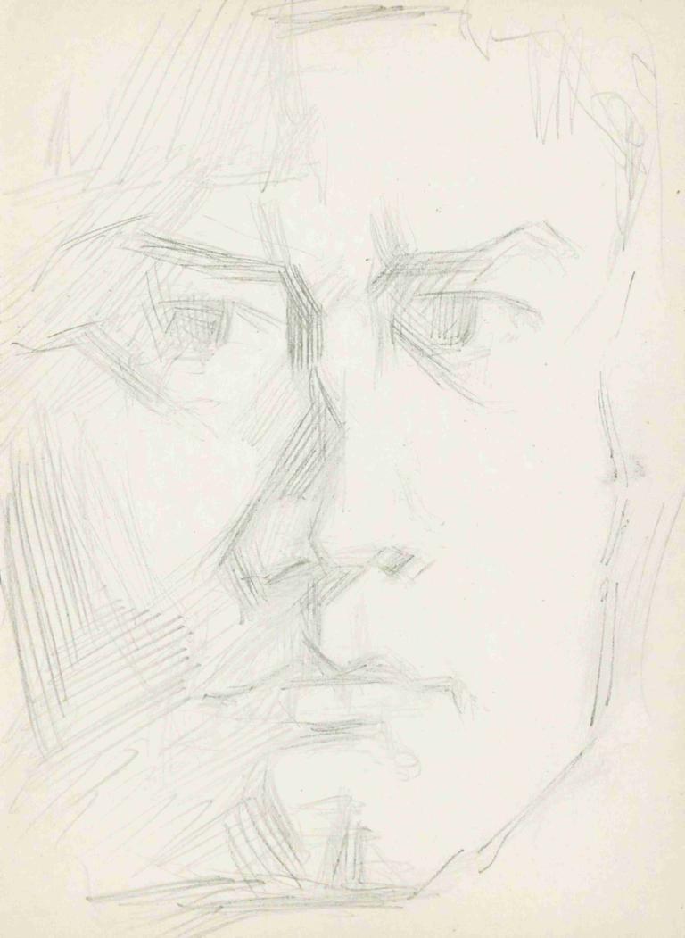 Kop van een man,Reijer Stolk,Sketch,Sketch, sketch, monochrome, male focus, close-up, 1boy, traditional media