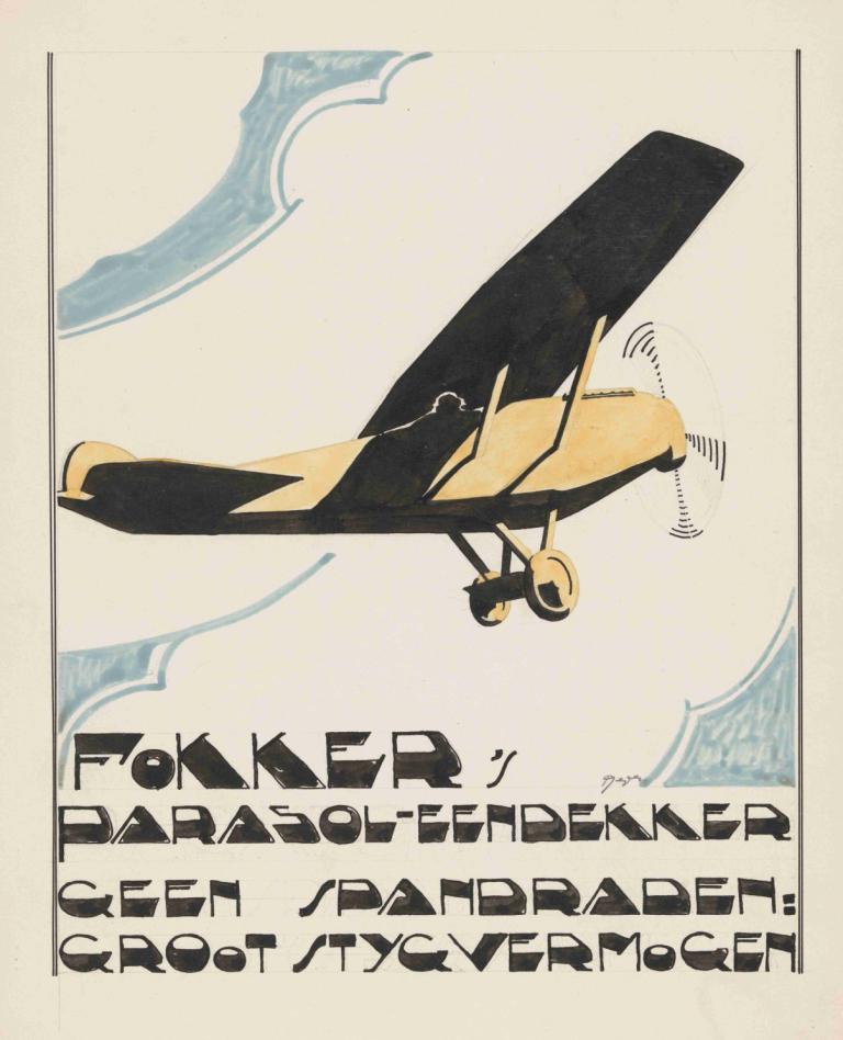 Ontwerp voor reclame voor `Fokker's Parasol-Eendekker',Design pentru reclamă pentru `Fokker's Parasol Duck`.