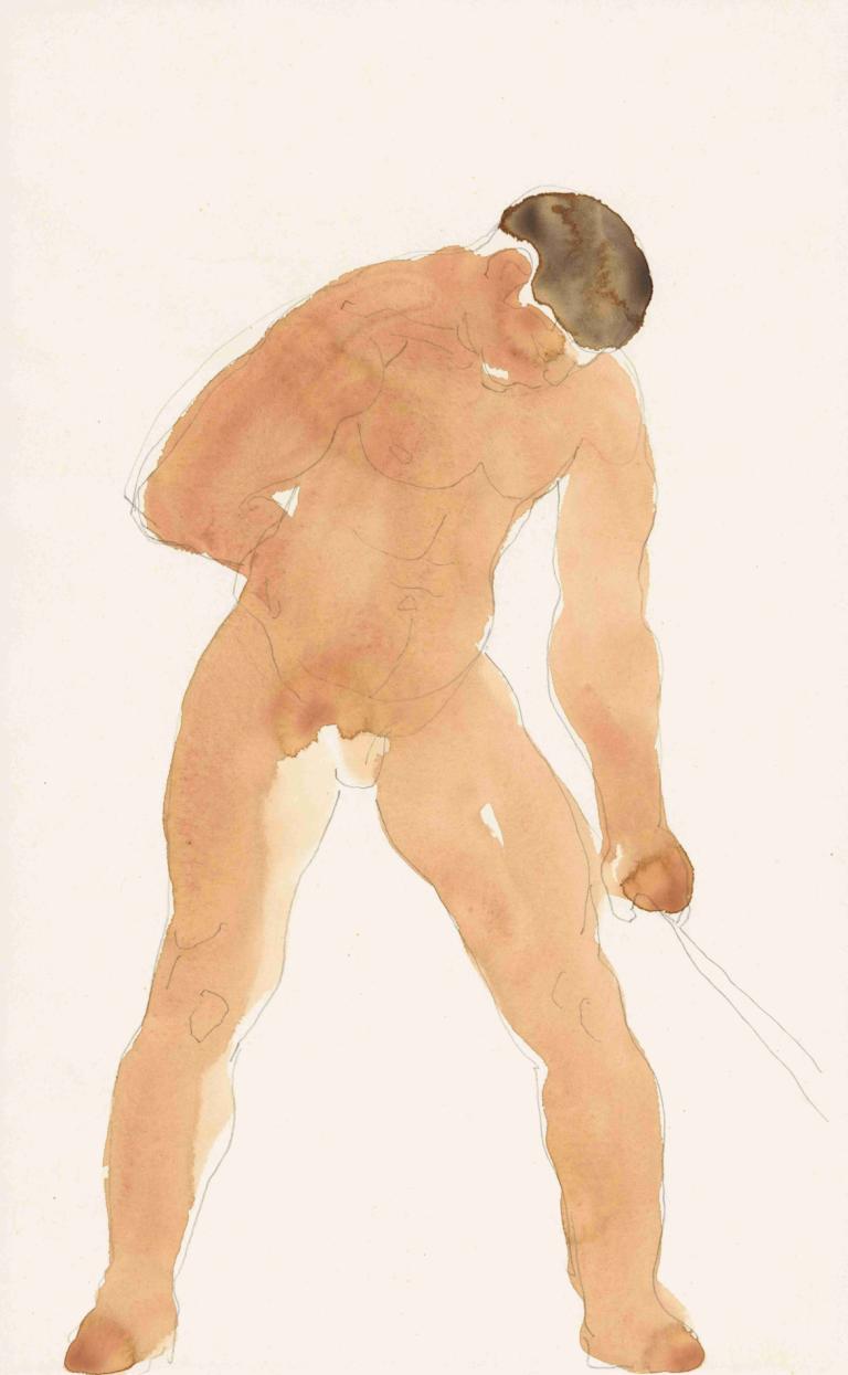 Staande naakte man,Reijer Stolk,Watercolor,Watercolor, male focus, solo, 1boy, muscular, nude, muscular male