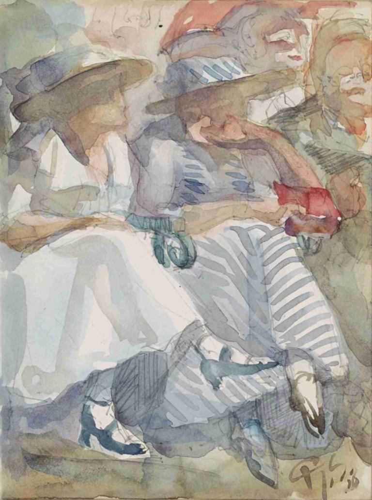 Two Seated Women in the Front Row in an Audience,Reijer Stolk,Watercolor,Watercolor, solo, traditional media