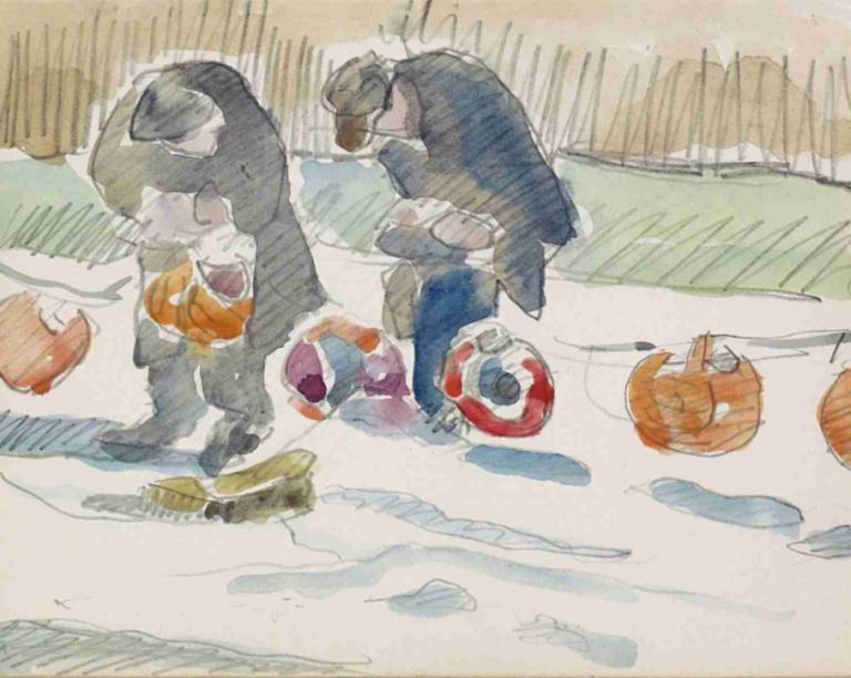 Two men on a street,Reijer Stolk,Watercolor,Watercolor, multiple boys, snow, male focus, pokemon (creature)