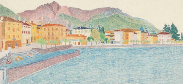 View of an Italian City on the Water,Reijer Stolk,Watercolor,Watercolor, tree, no humans, outdoors, scenery