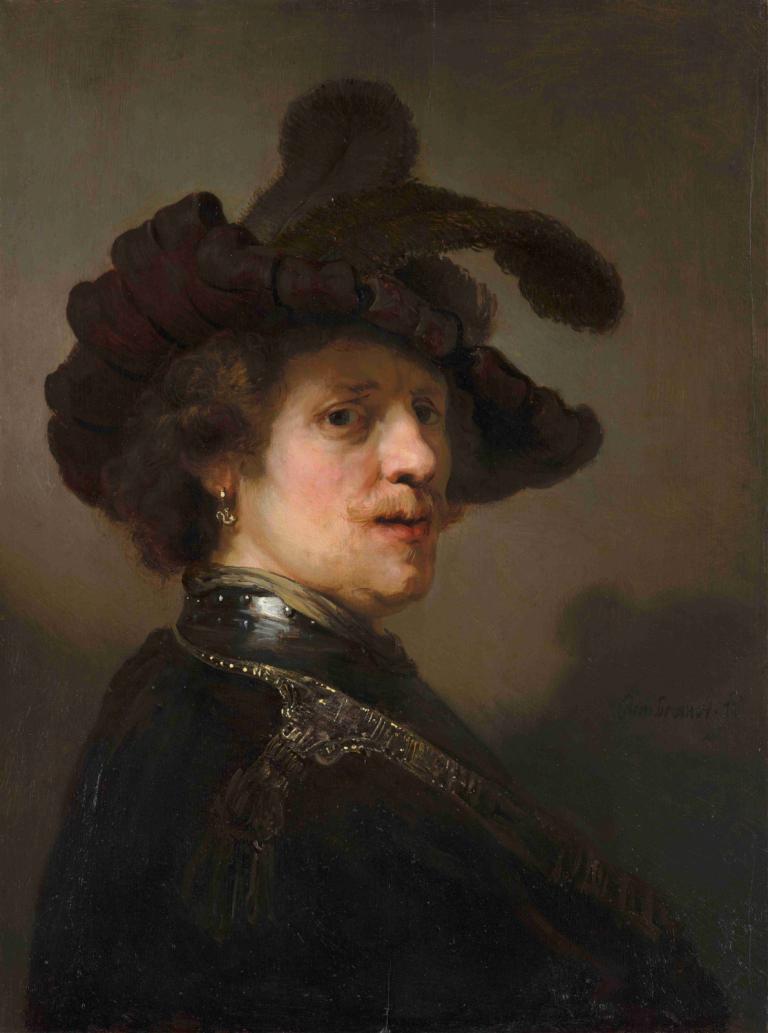 'Tronie' of a Man with a Feathered Beret,Rembrandt van Rijn,Oil Painting,Oil Painting, solo, jewelry