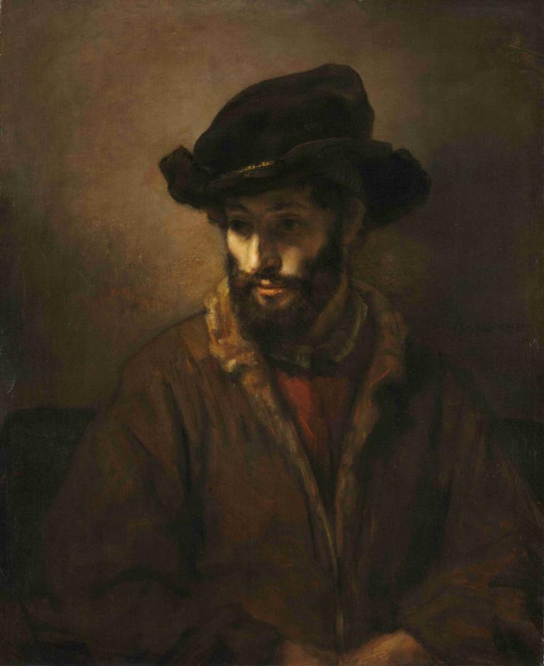 A Bearded Man Wearing a Hat,Rembrandt van Rijn,Oil Painting,Oil Painting, 1boy, male focus, solo, hat