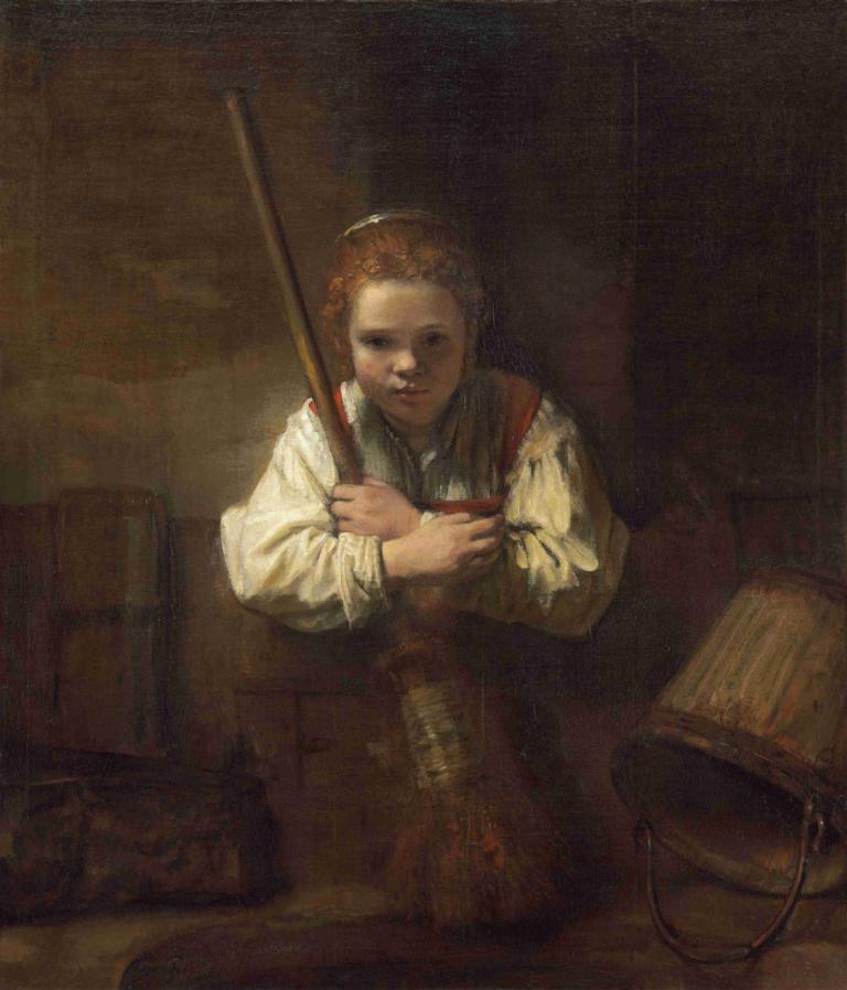 A Girl with a Broom,Rembrandt van Rijn,Oil Painting,Oil Painting, 1girl, solo, fine art parody, brown hair