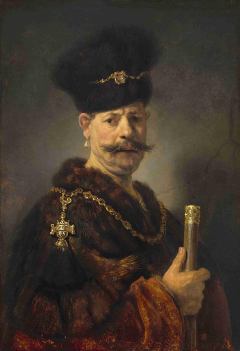 A Polish Nobleman,Rembrandt van Rijn,Oil Painting,Oil Painting, solo, 1boy, jewelry, male focus, facial hair