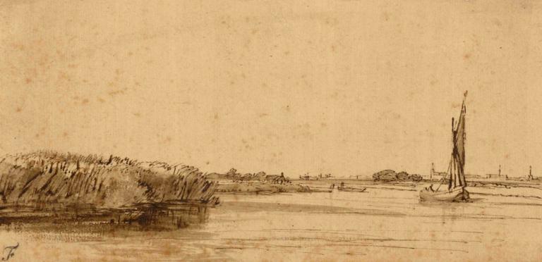 A Sailing Boat on a Wide Expanse of Water,Rembrandt van Rijn,Copperplate Etching,Copperplate Etching