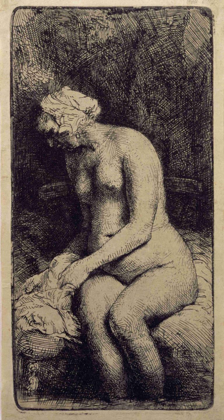 A Woman Bathing Her Feet at a Brook,Rembrandt van Rijn,Copperplate Etching,Copperplate Etching, 1girl