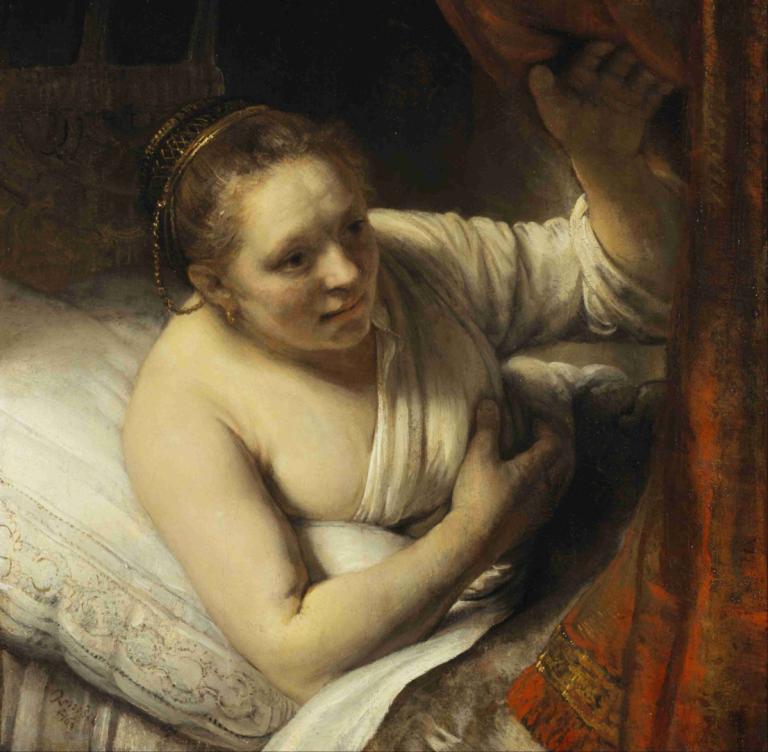 A Woman in Bed,Rembrandt van Rijn,Oil Painting,Oil Painting, fine art parody, realistic, solo, bed, parody