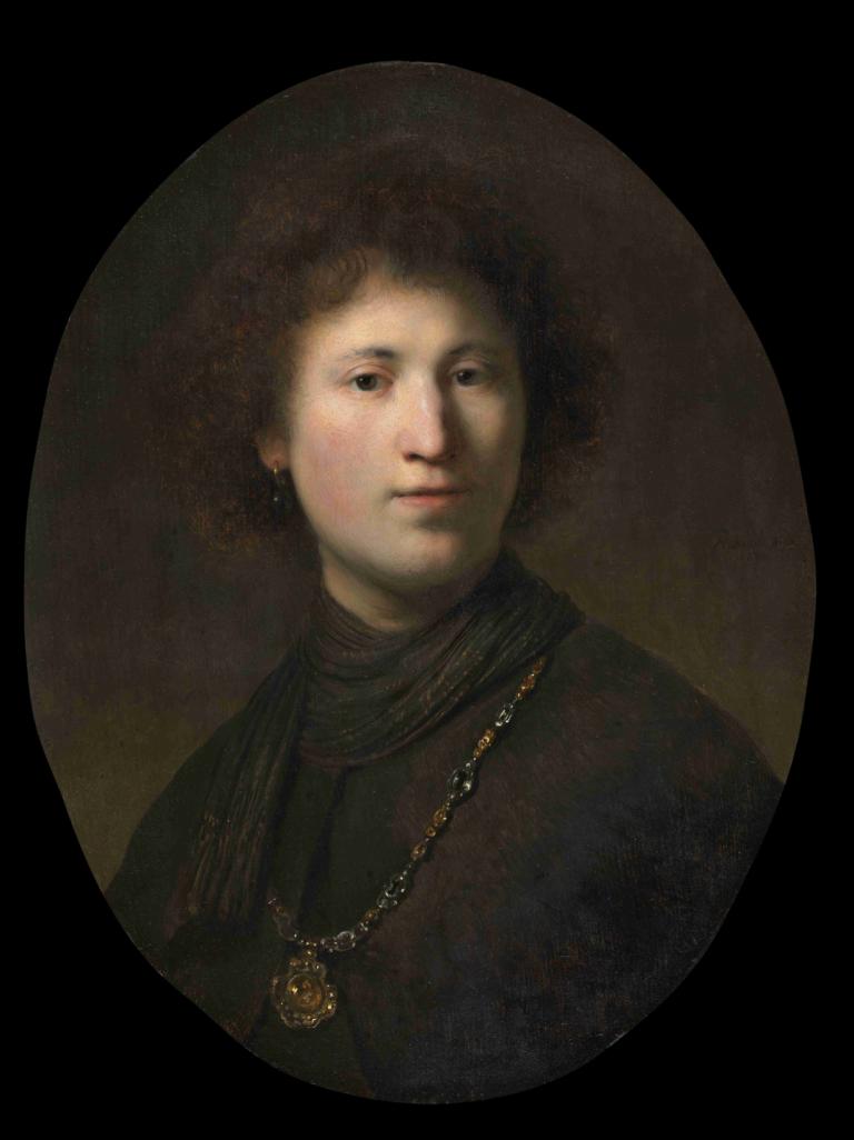 A Young Man with a Chain,Rembrandt van Rijn,Oil Painting,Oil Painting, solo, jewelry, 1girl, necklace