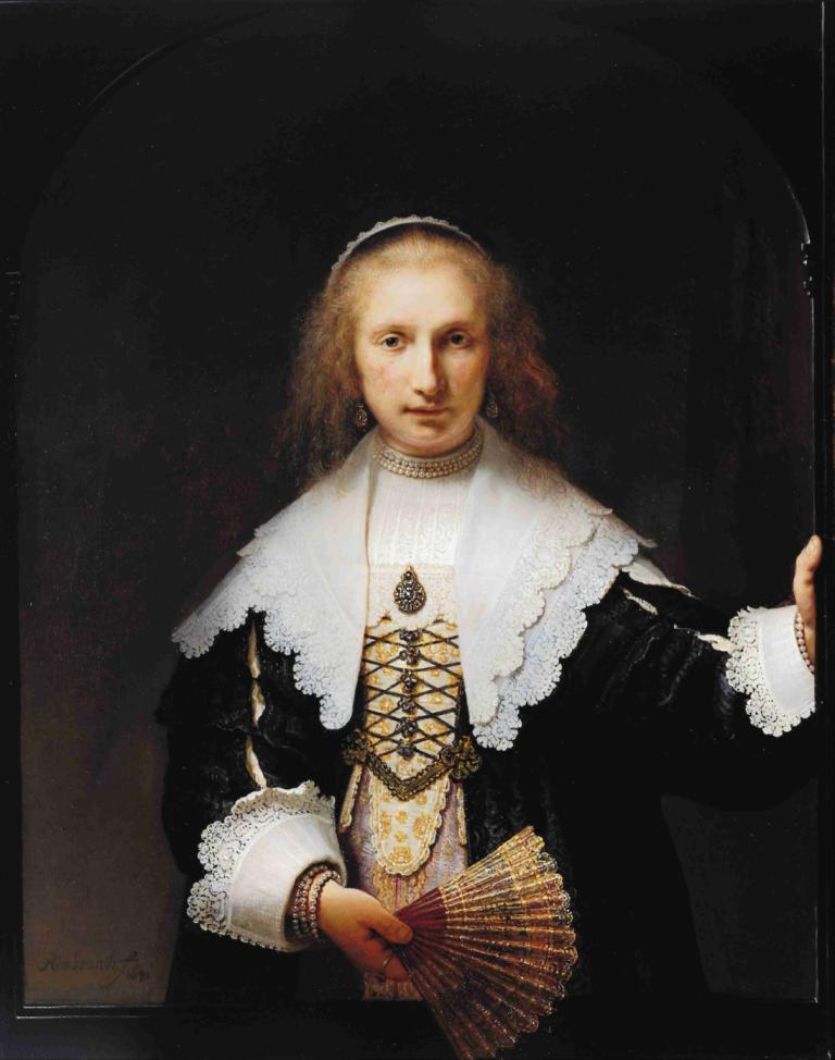 Agatha Bas,Rembrandt van Rijn,Ölgemälde,Ölgemälde, Solo, Schmuck, Kunstparodie, realistisch, Handventilator