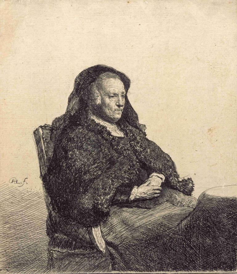 An Elderly Woman (Rembrandt’s mother, seated at a table),Eine ältere Frau (Rembrandts Mutter