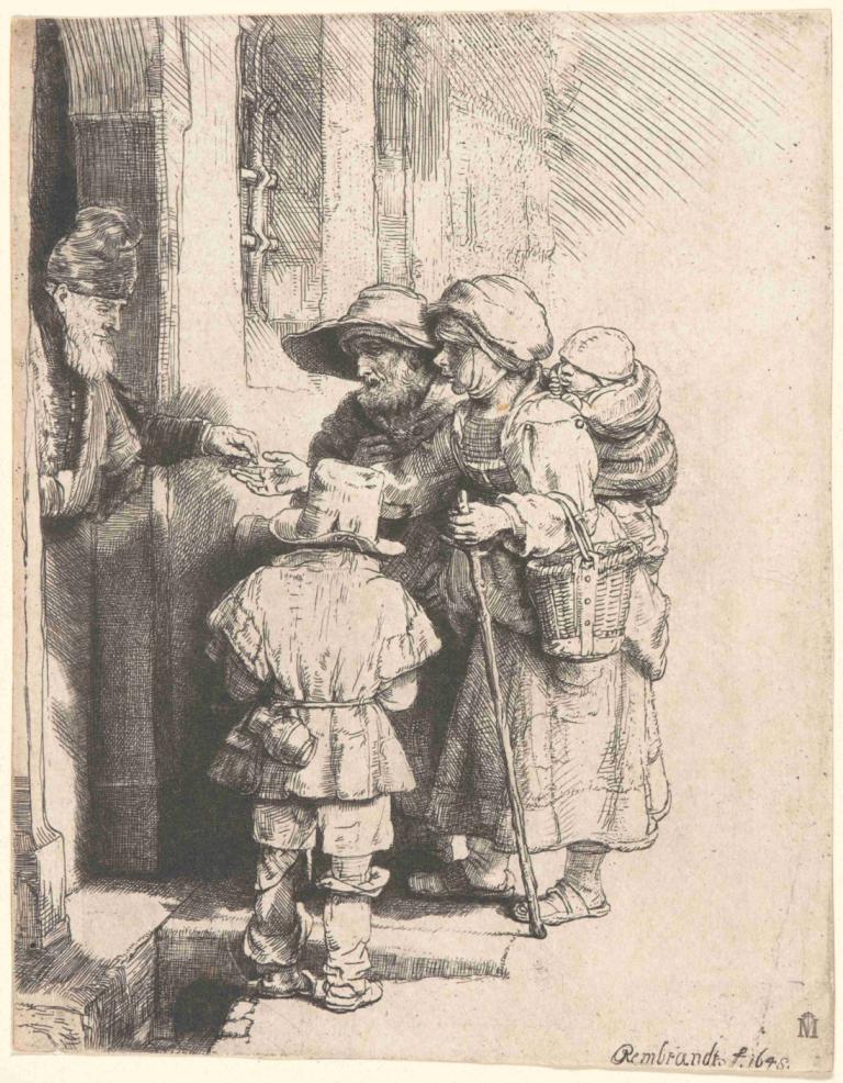 Beggars Receiving Alms at the Door of a House,Bettler, die vor der Tür eines Hauses Almosen erhalten