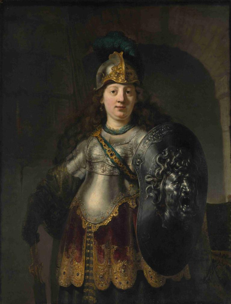 Bellona,Rembrandt van Rijn,Ölgemälde,Ölgemälde, Rüstung, 1Mädchen, Schild, Solo, braune Haare, Helm