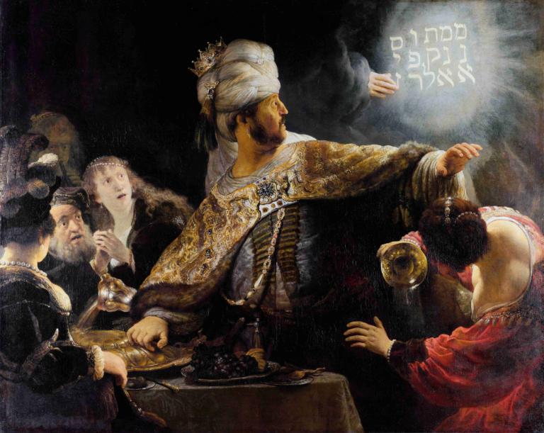 Belshazzar’s feast,Belsasars fest,Rembrandt van Rijn,Oljemaleri,Oljemaleri, kunstparodi, flere gutter, krone