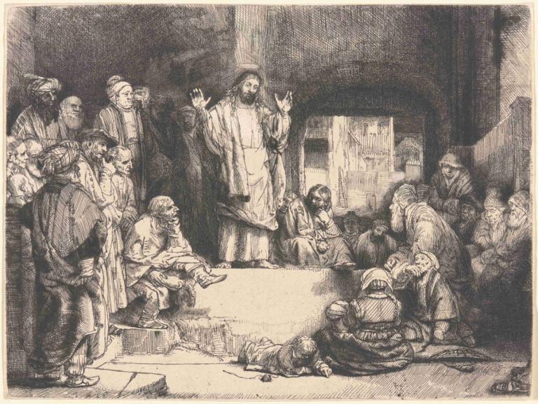 Christ Preaching,그리스도 설교,Rembrandt van Rijn,렘브란트 반 라인,동판 에칭,동판 에칭, 단색화, 6+소년, 여러 소년, 여러 여자, 좌석, 테이블, 컵, 옷