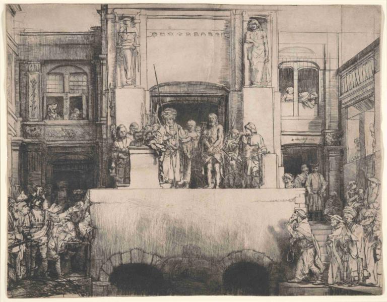 Christ Presented to the People,백성에게 나타난 그리스도,Rembrandt van Rijn,렘브란트 반 라인,동판 에칭,동판 에칭, 단색화, 6+소년, 여러 여자