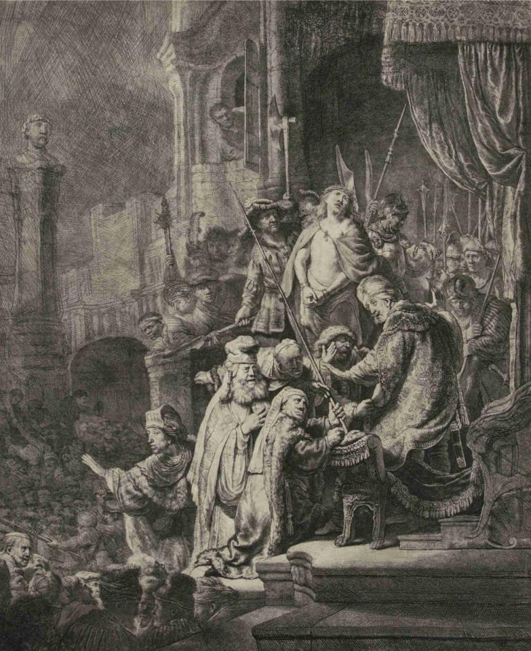 Christ before Pilate; large plate,빌라도 앞의 그리스도; 큰 접시,Rembrandt van Rijn,렘브란트 반 라인,동판 에칭,동판 에칭, 단색화, 여러 소년